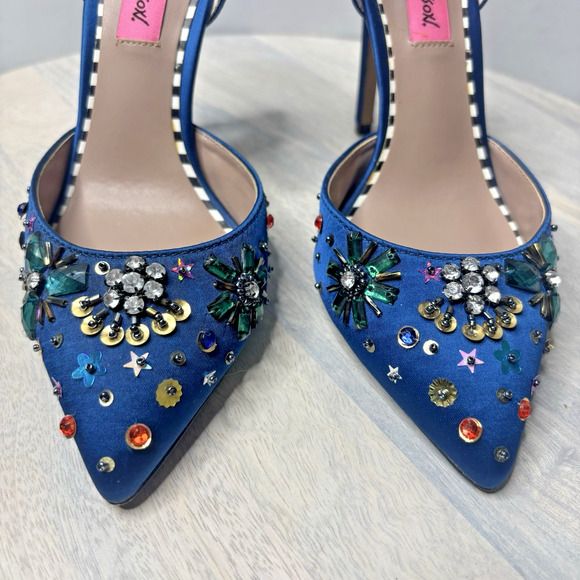 Betsey Johnson Mayson Heels Sz 6 Blue Satin Jeweled Sequin Shoes Pumps - Picture 3 of 10